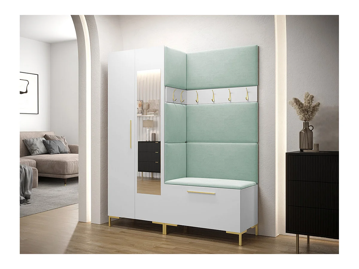 Meuble d'entrée Tivsoa 107, 196x158x46cm, Miroir, Blanc, Tapisserie|Stratifié