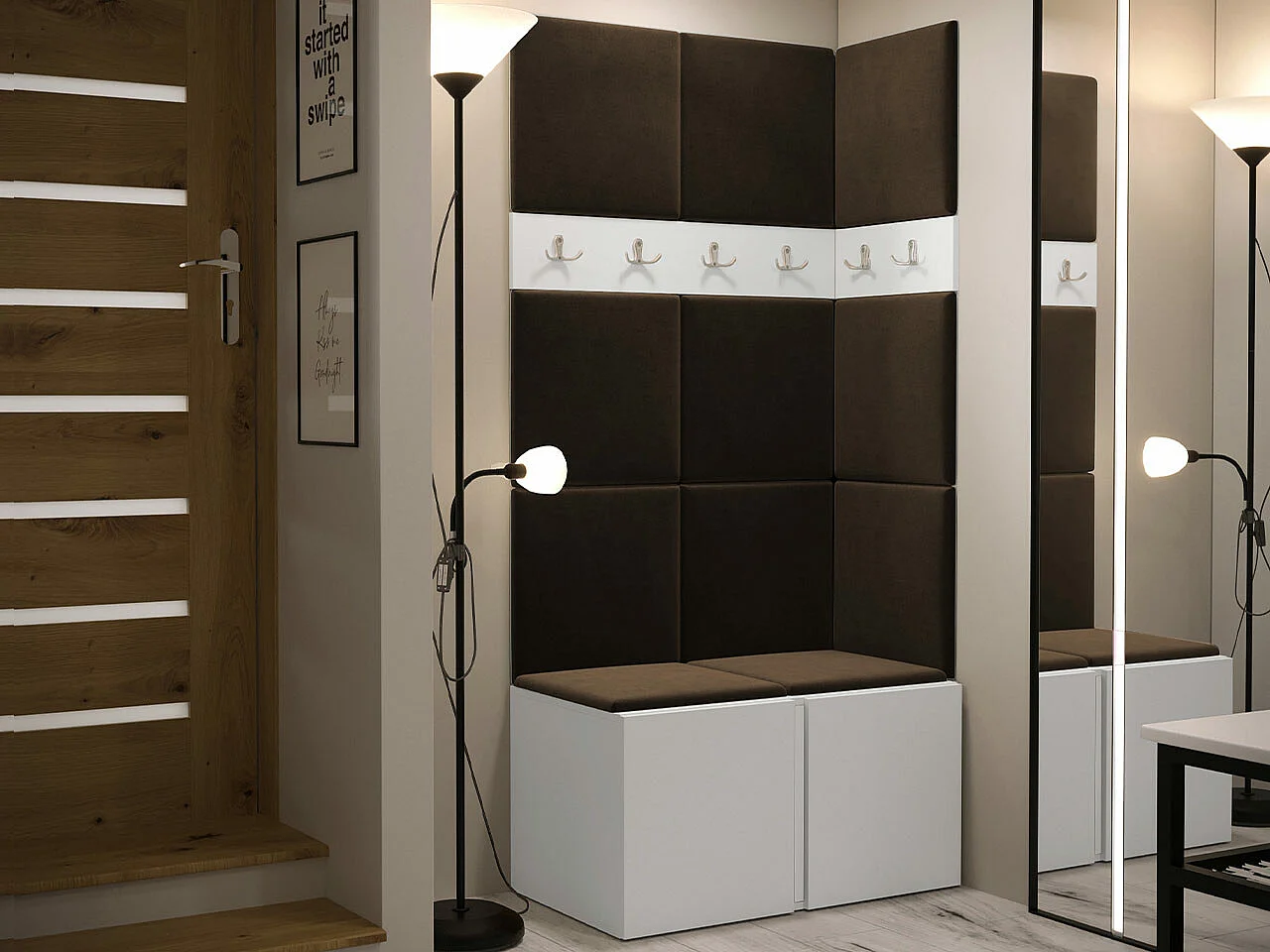 Meuble d'entrée Hartford 264, 186x84x46cm, Marron|Blanc, Tissu|Stratifié, Murale|À poser