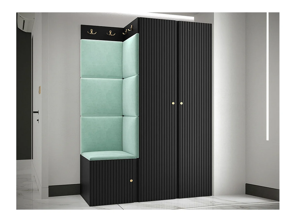 Meuble d'entrée Hartford 387, 186x116x46cm, Noir|Turquoise, Tapisserie|MDF|Stratifié