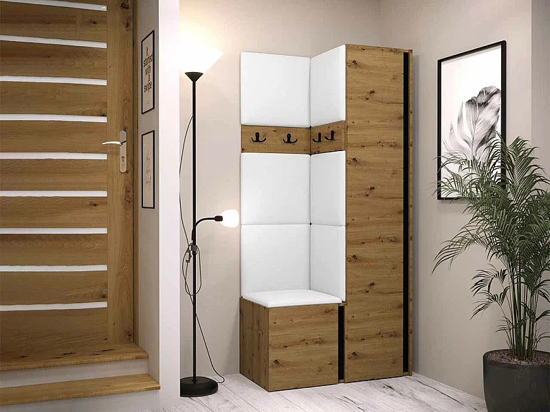 Meuble d'entrée Hartford 348, 186x82x44cm, Chêne Artisan|Noir, Faux cuir|Stratifié