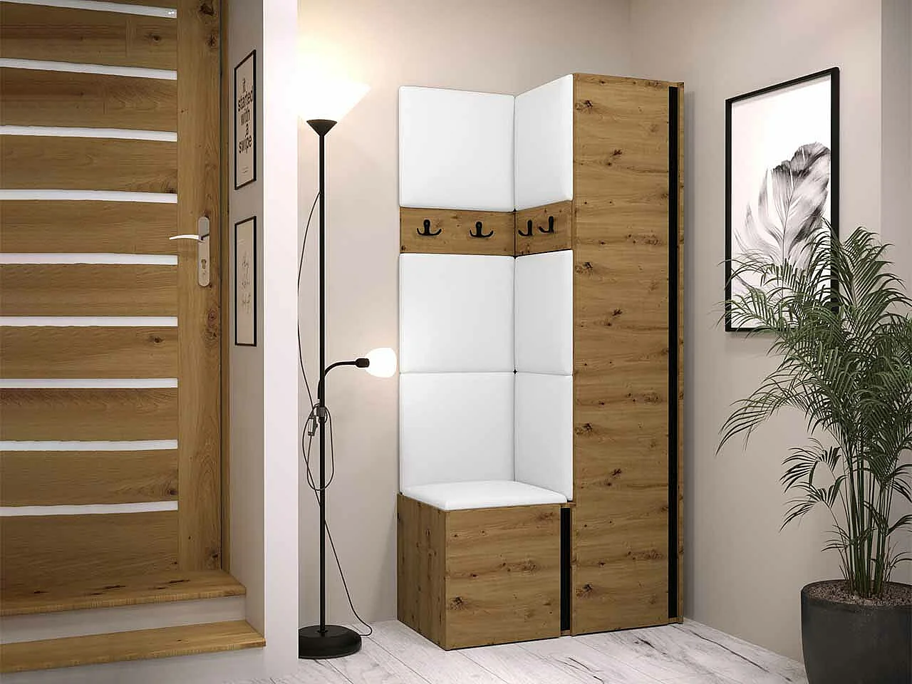 Meuble d'entrée Hartford 348, 186x82x44cm, Chêne Artisan|Noir, Faux cuir|Stratifié