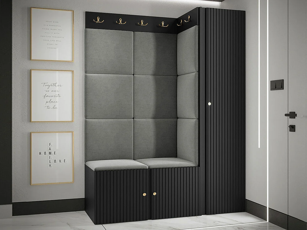 Conjunto pasillo Hartford 385, 186x124x46cm, Gris|Negro, MDF|Aglomerado laminado|Tapiz