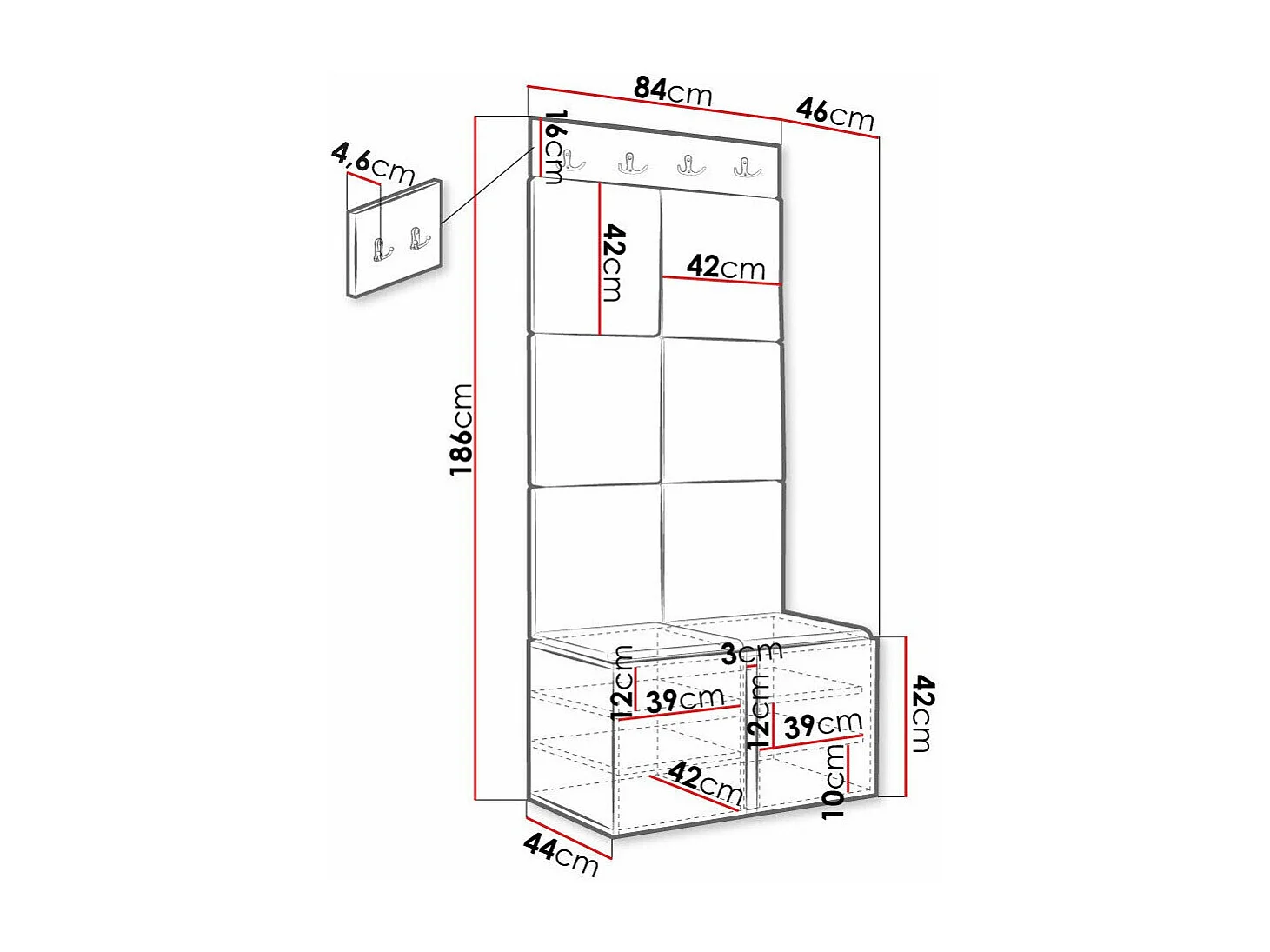 Conjunto pasillo Hartford 375, 186x84x46cm, Gris|Negro, MDF|Aglomerado laminado|Tapiz