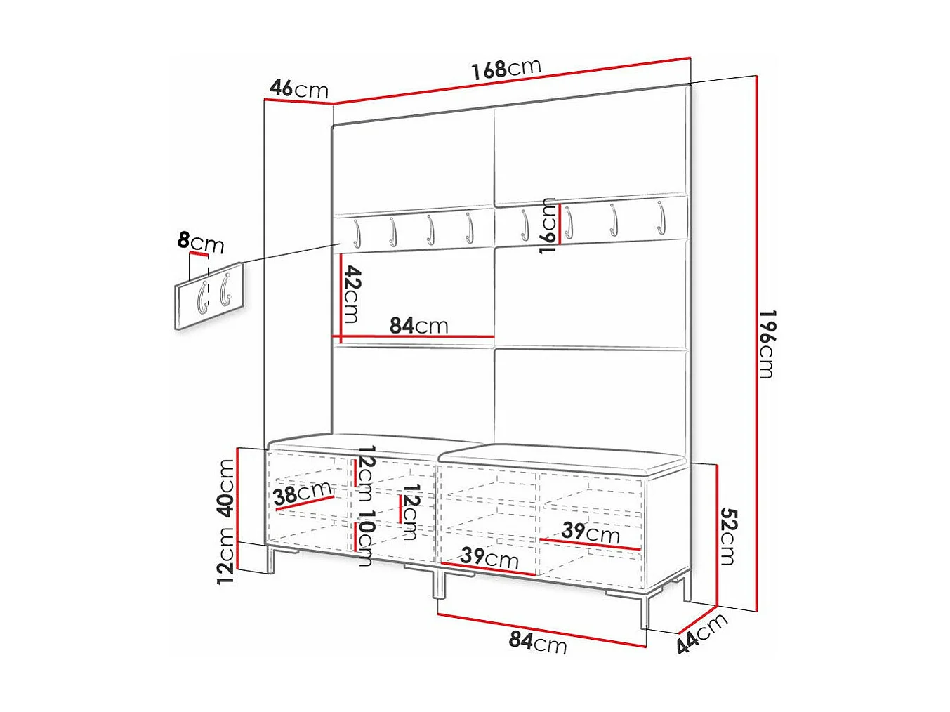 Conjunto pasillo Hartford F101, 196x168x46cm, Negro, Tapiz|Aglomerado laminado