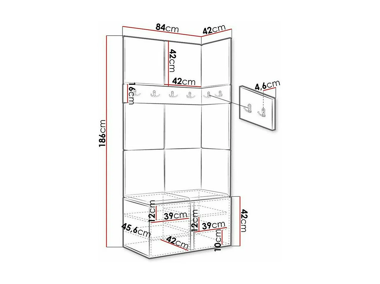 Meuble d'entrée Hartford 264, 186x84x46cm, Blanc, Stratifié|Tapisserie