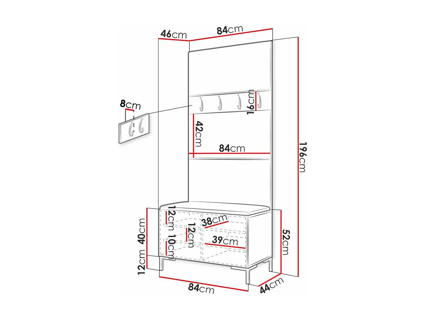 Conjunto pasillo Hartford F102, 196x84x46cm, Negro, Tapiz|Aglomerado laminado