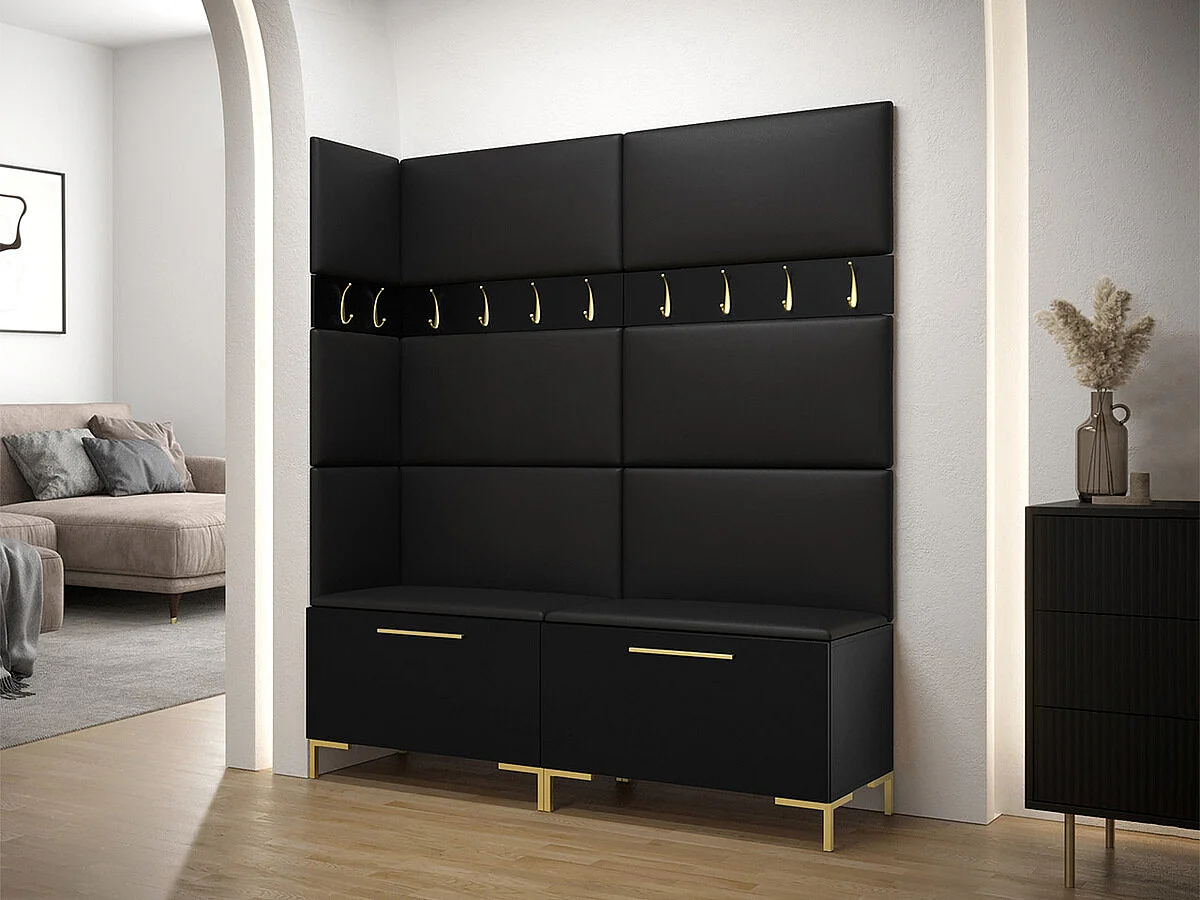 Conjunto pasillo Hartford F104, 196x168x46cm, Negro, Cuero ecológico|Aglomerado laminado