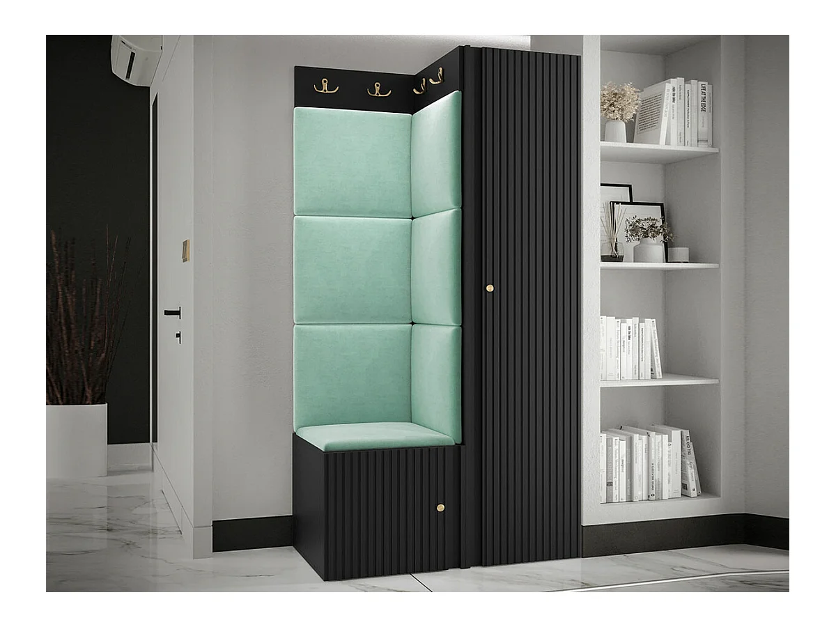 Meuble d'entrée Hartford 390, 186x82x46cm, Noir|Turquoise, Tapisserie|MDF|Stratifié