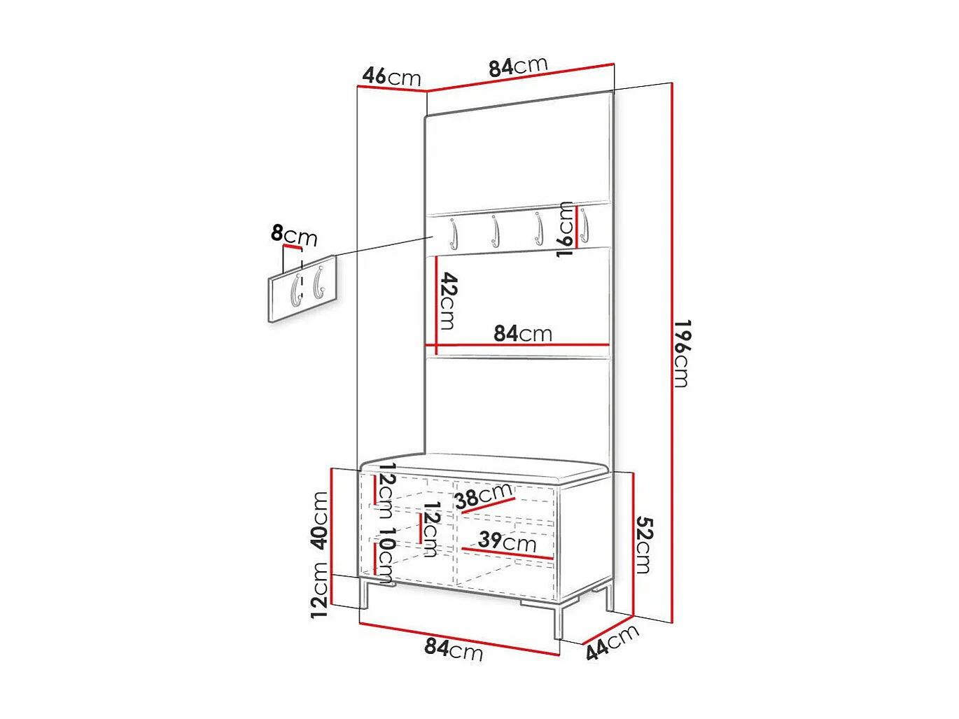 Conjunto pasillo Hartford F102, 196x84x46cm, Craft roble, Montada en la pared|Colocada