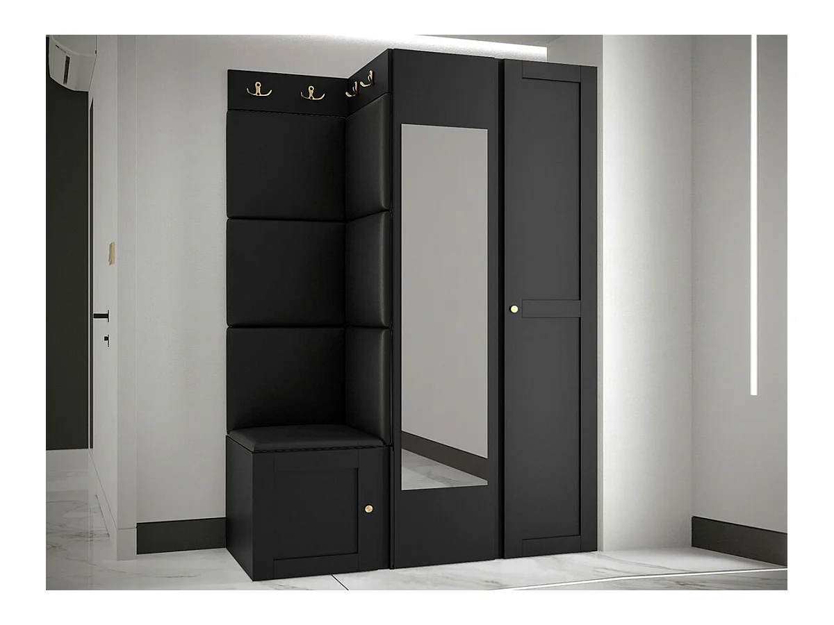 Meuble d'entrée Hartford 380, 186x116x46cm, Miroir, Noir, Stratifié|Faux cuir|MDF