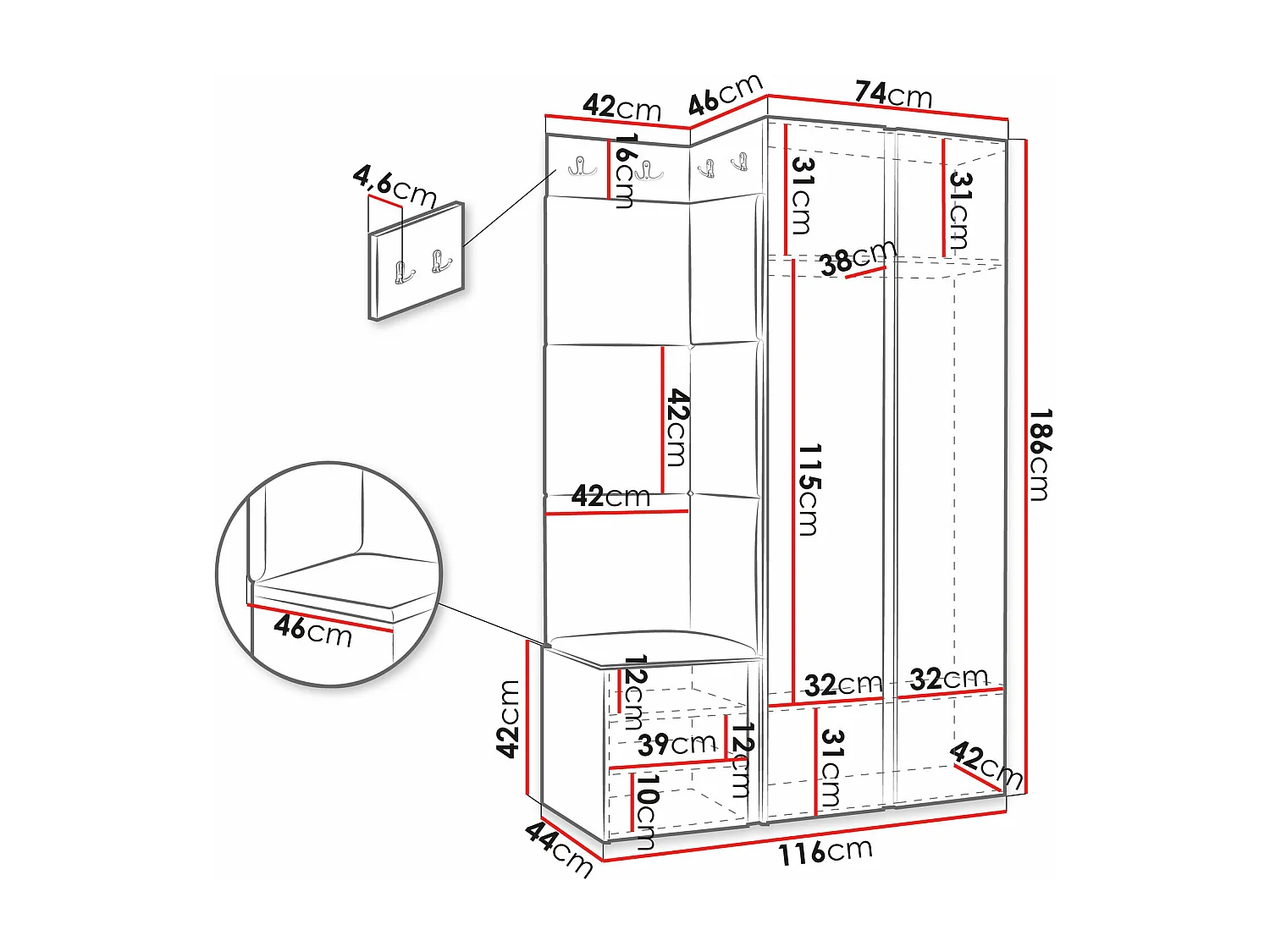 Meuble d'entrée Hartford 380, 186x116x46cm, Disponible, Noir, MDF|Stratifié|Faux cuir
