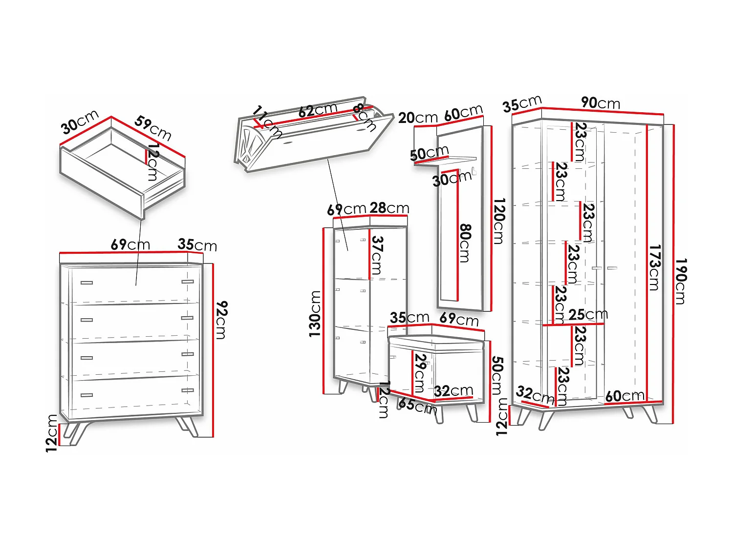 Conjunto pasillo Bedford B105, 190x35cm, Espejo, Blanco|Roble dorado artesanal