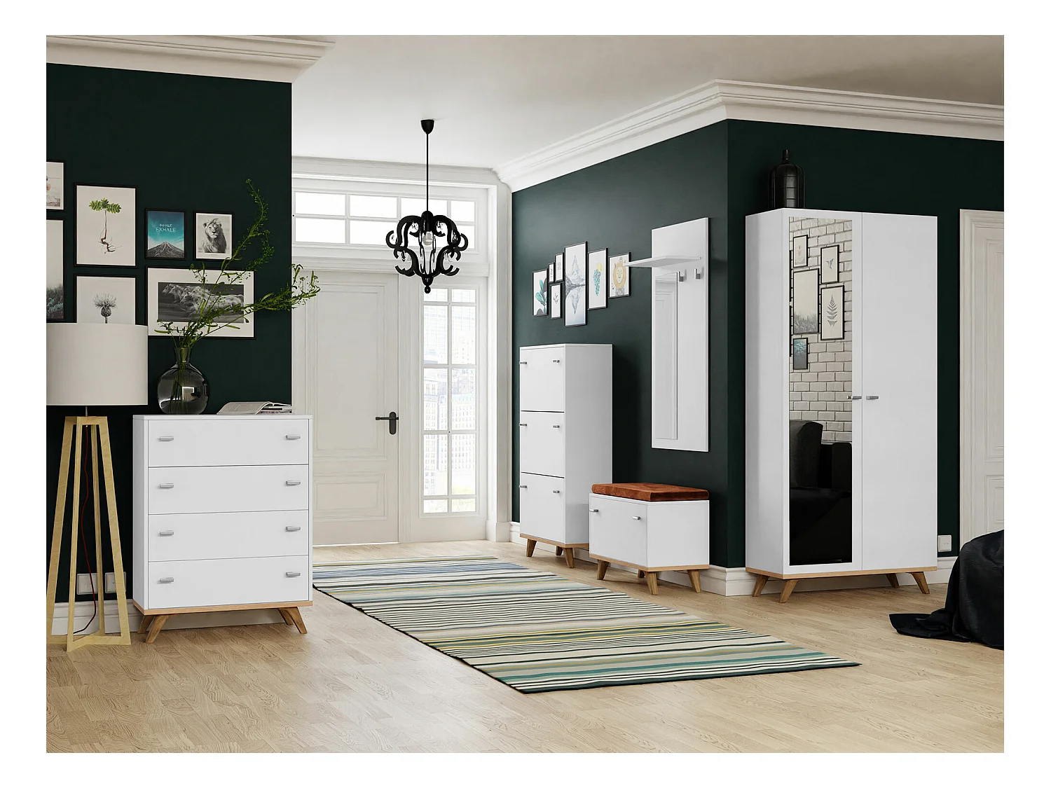 Set mobili da ingresso Bedford B105, 190x35cm, Specchio, Truciolare laminato