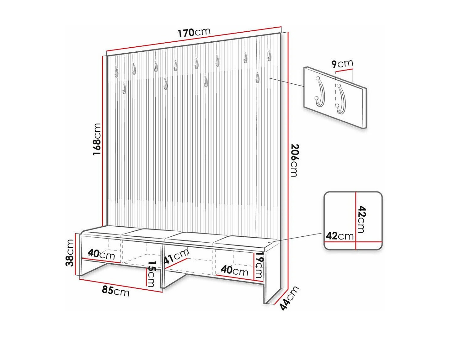 Meuble d'entrée Hartford 485, 206x170x44cm, Stratifié|Faux cuir, À poser