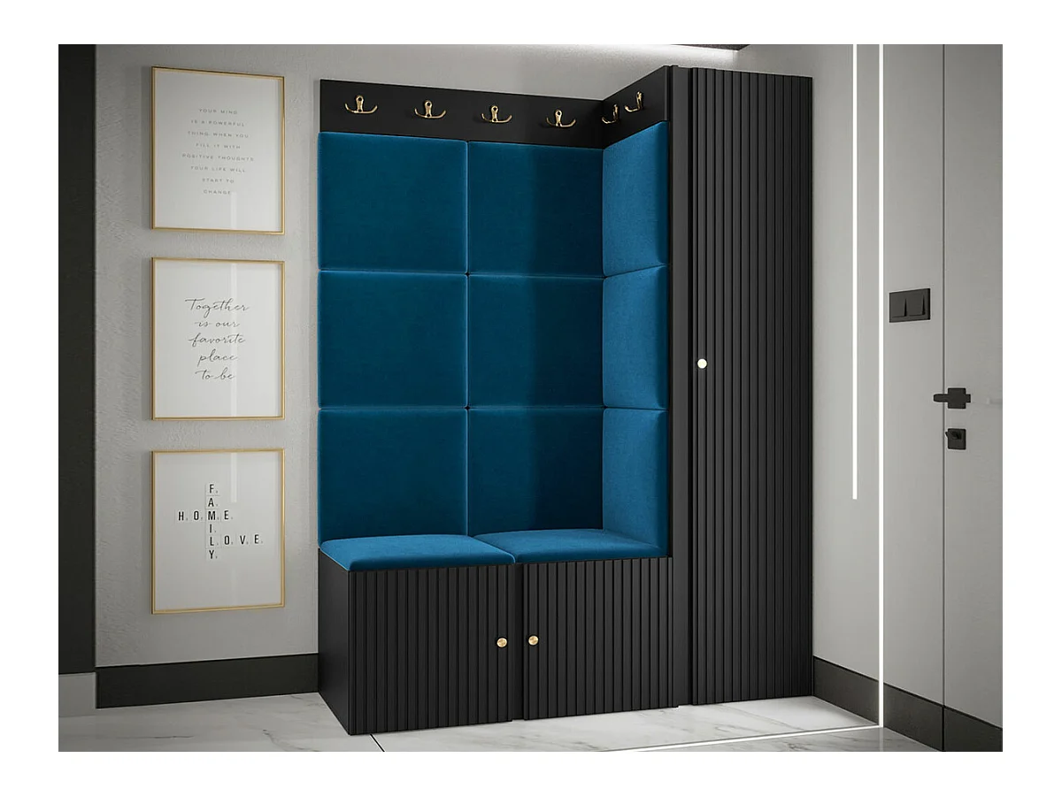 Meuble d'entrée Hartford 385, 186x124x46cm, Noir|Bleu, Tapisserie|MDF|Stratifié