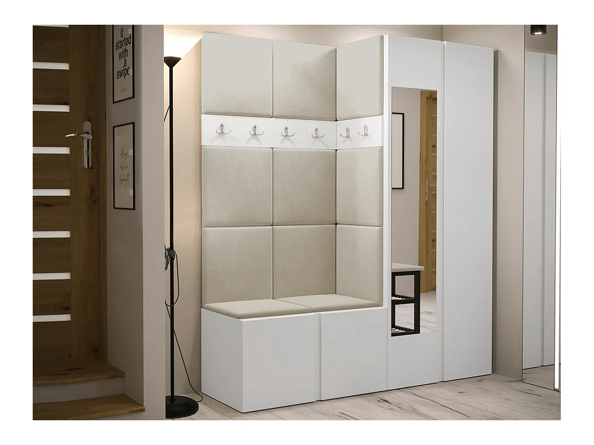 Meuble d'entrée Hartford 278, 186x158x46cm, Miroir, Blanc, Stratifié|Tapisserie