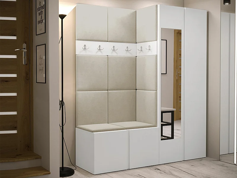 Meuble d'entrée Hartford 278, 186x158x46cm, Disponible, Blanc, Tissu|Stratifié