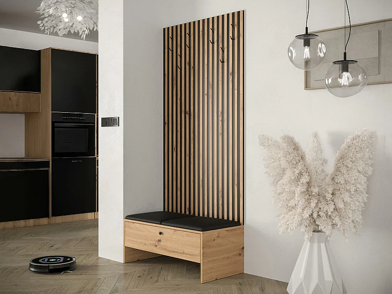 Meuble d'entrée Hartford 321, 206x85x44cm, Noir|Chêne Artisan, Faux cuir|Stratifié