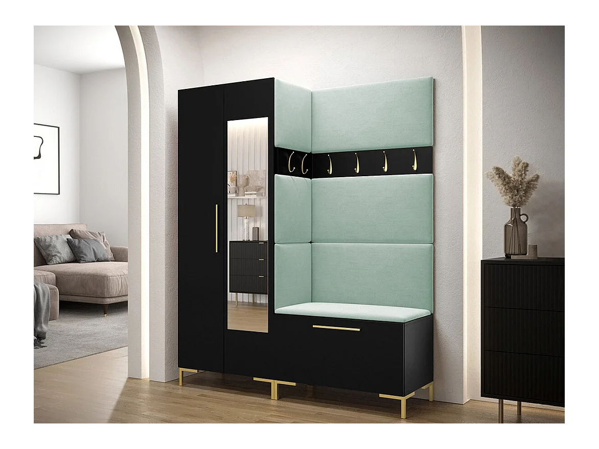 Meuble d'entrée Tivsoa 107, 196x158x46cm, Miroir, Noir, Tapisserie|Stratifié