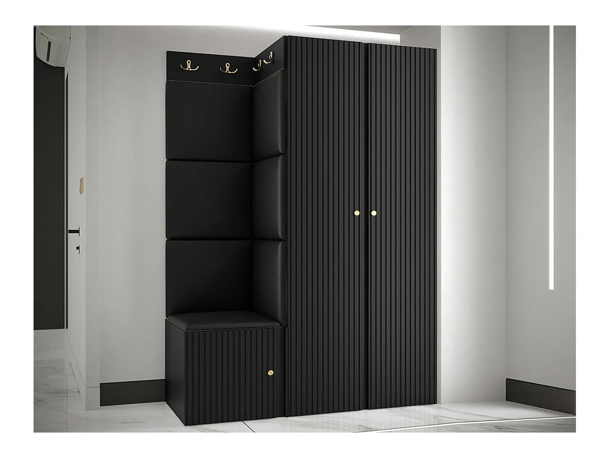 Meuble d'entrée Hartford 387, 186x116x46cm, Noir, Stratifié|Faux cuir|MDF