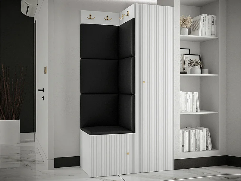 Meuble d'entrée Hartford 390, 186x82x46cm, Blanc|Noir, MDF|Stratifié|Faux cuir