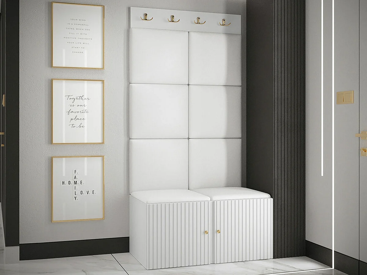 Meuble d'entrée Hartford 383, 186x84x46cm, Blanc, Stratifié|Faux cuir|MDF