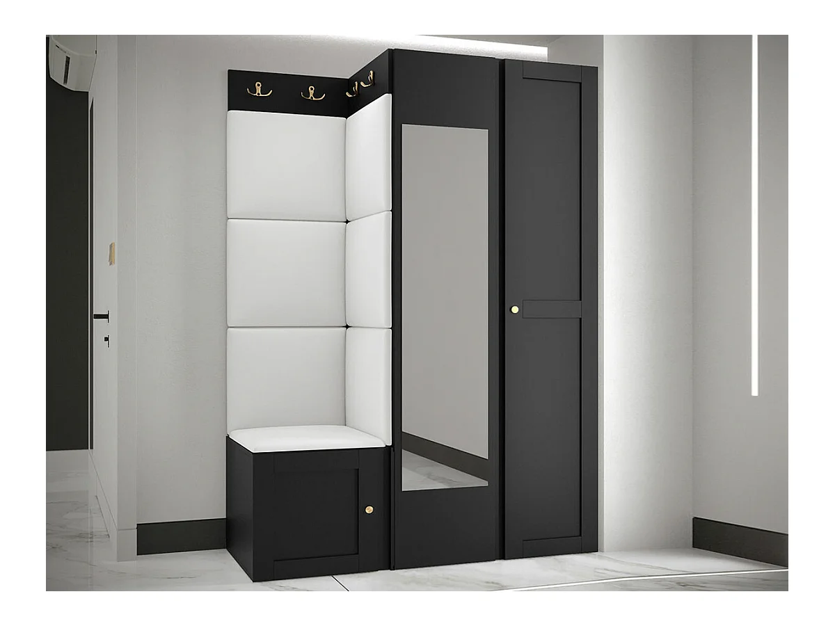 Meuble d'entrée Hartford 380, 186x116x46cm, Miroir, Blanc|Noir, MDF|Stratifié|Faux cuir