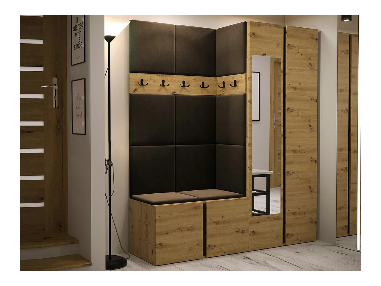 Meuble d'entrée Hartford 278, 186x158x46cm, Miroir, Chêne Artisan|Marron