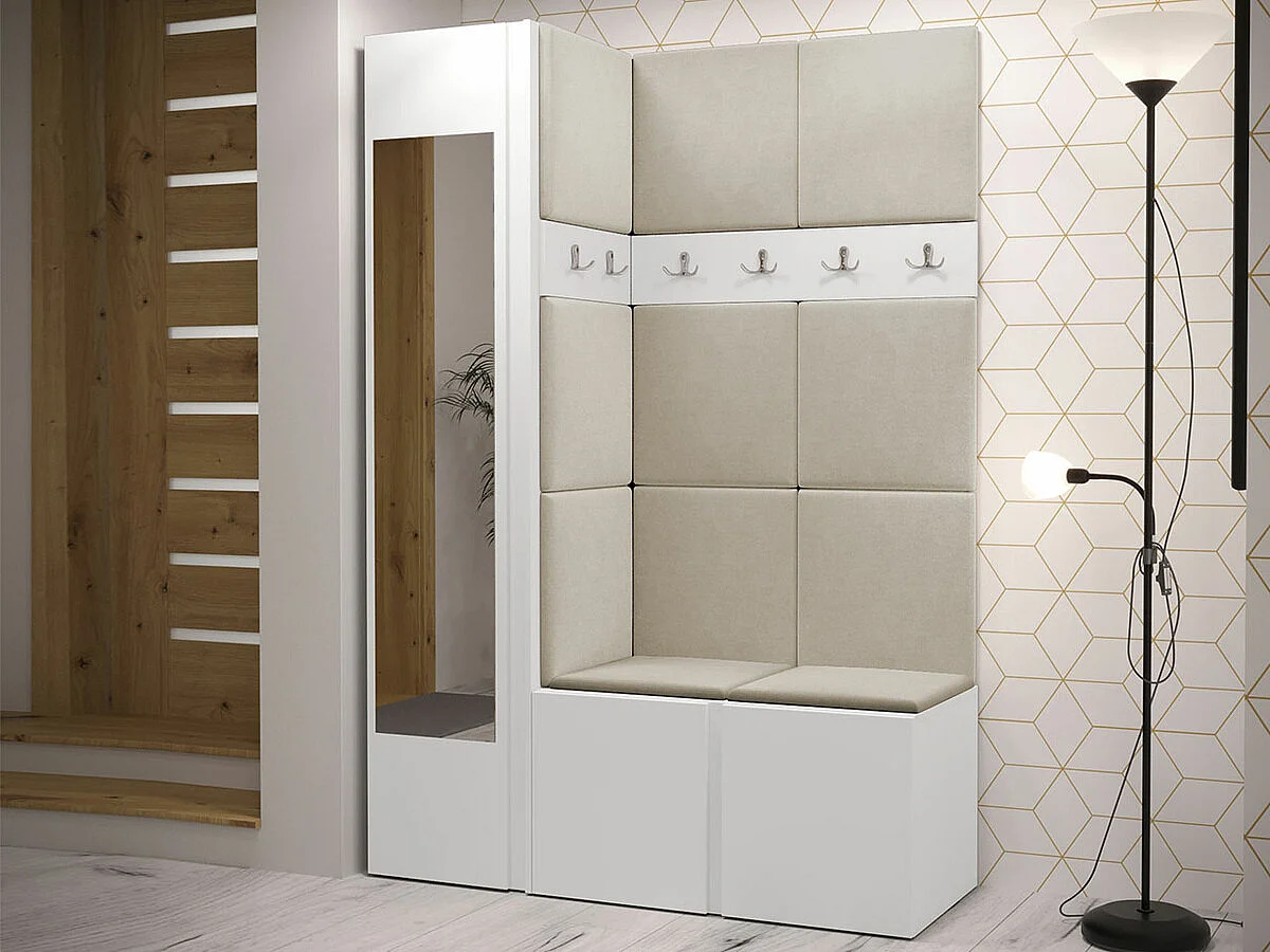 Meuble d'entrée Hartford 277, 186x124x46cm, Disponible, Blanc, Tissu|Stratifié