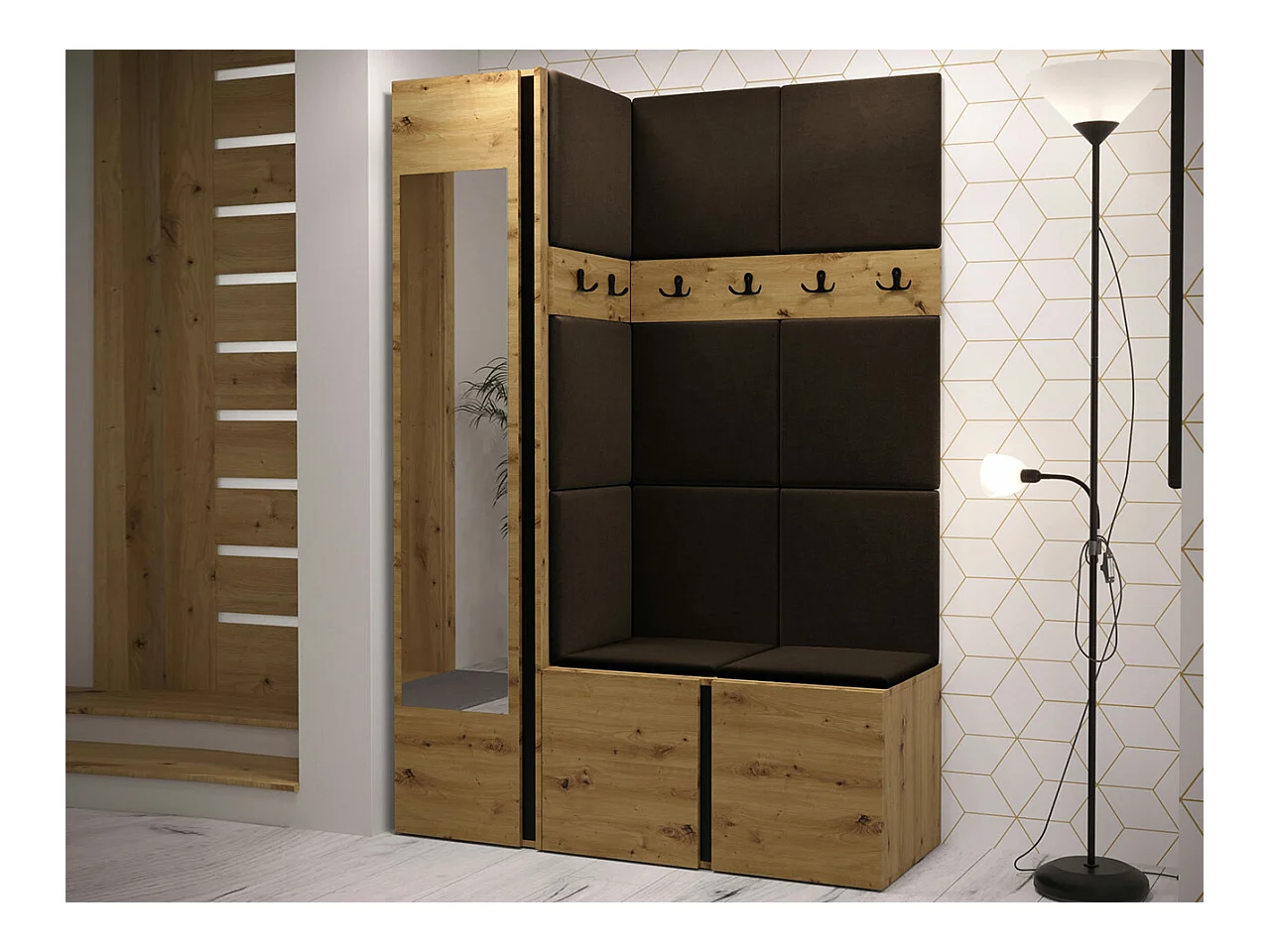 Meuble d'entrée Hartford 277, 186x124x46cm, Miroir, Chêne Artisan|Marron