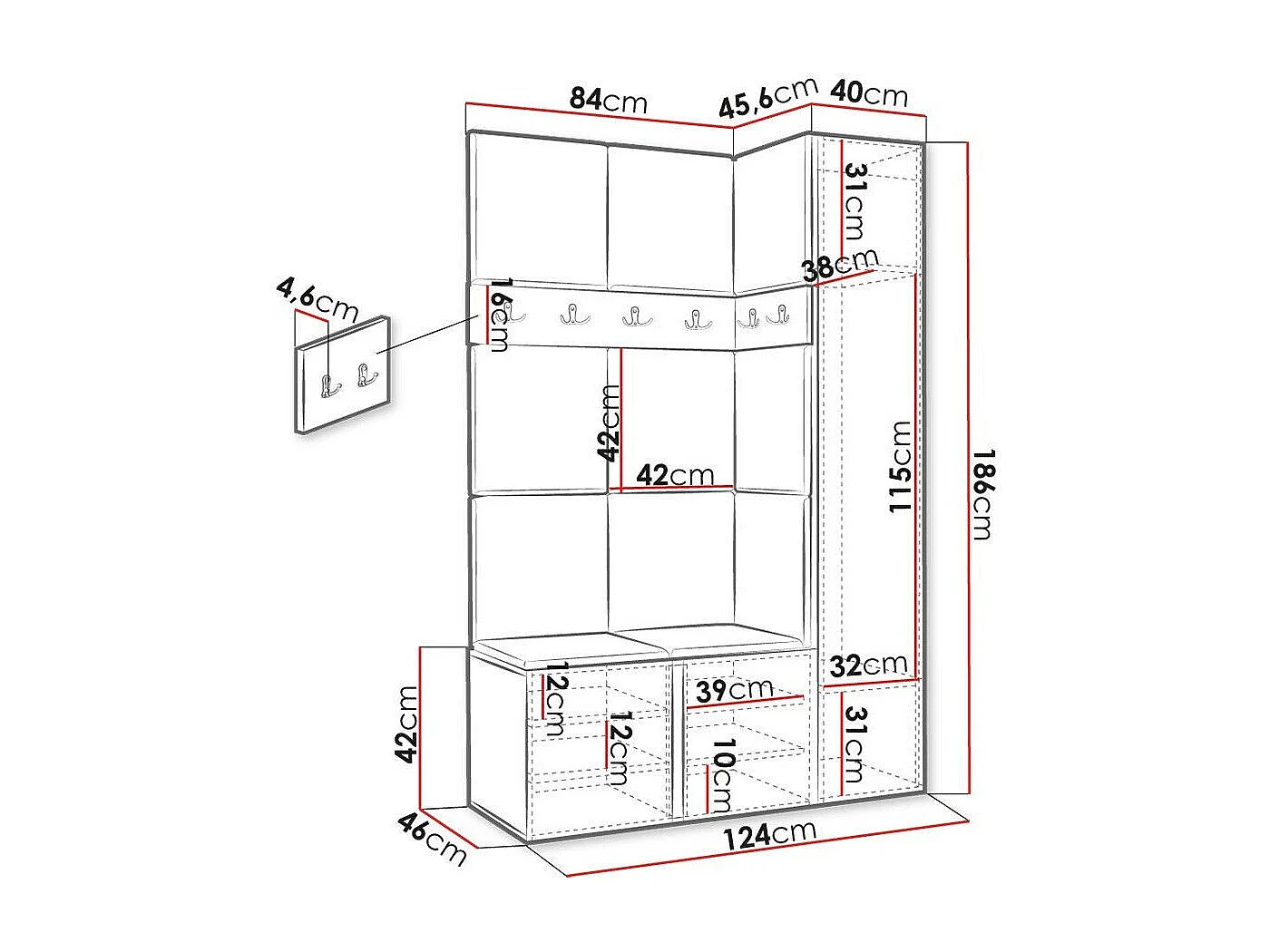 Meuble d'entrée Hartford 277, 186x124x46cm, Disponible, Marron|Chêne Artisan