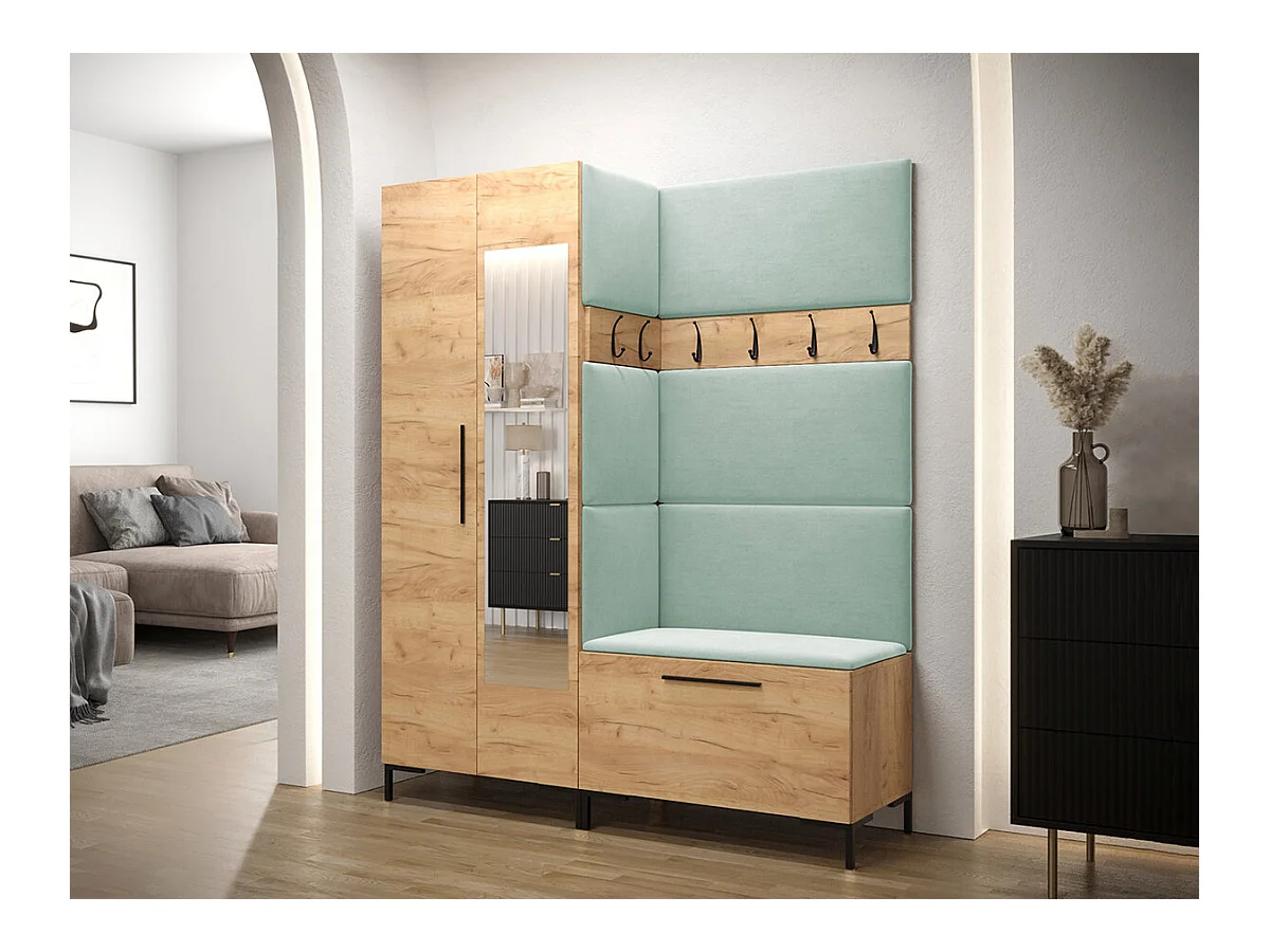 Meuble d'entrée Tivsoa 107, 196x158x46cm, Miroir, Craft chêne, Tapisserie|Stratifié