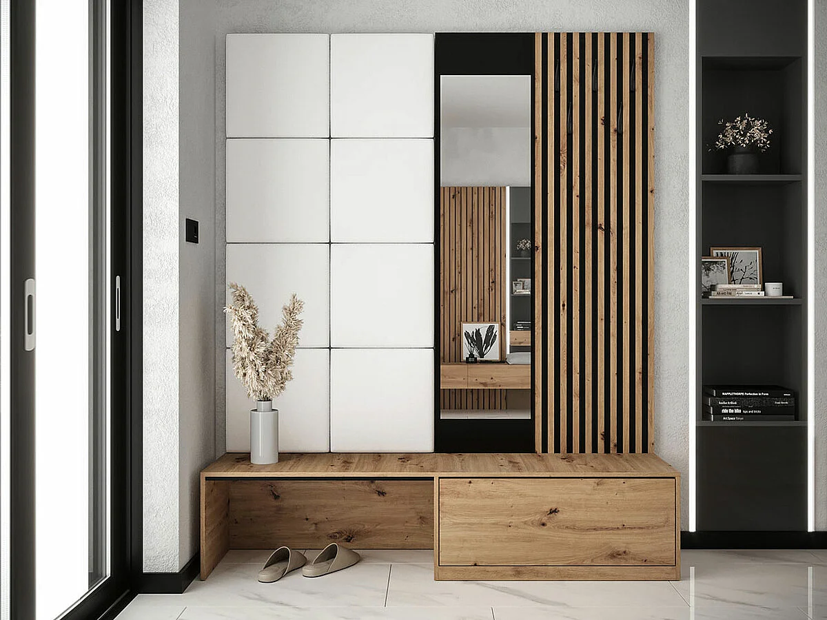 Set mobili da ingresso Hartford 322, 205x172x42cm, Specchio, Nero|Rovere Artisan