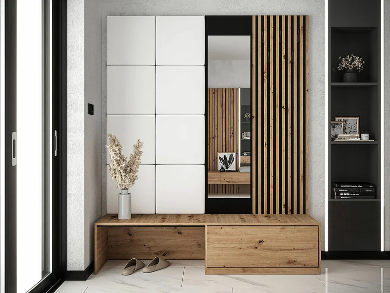 Set mobili da ingresso Hartford 322, 205x172x42cm, Specchio, Nero|Rovere Artisan