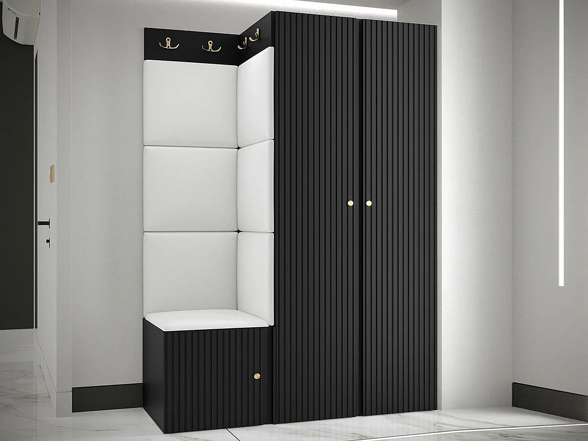 Meuble d'entrée Hartford 387, 186x116x46cm, Noir|Blanc, MDF|Stratifié|Faux cuir