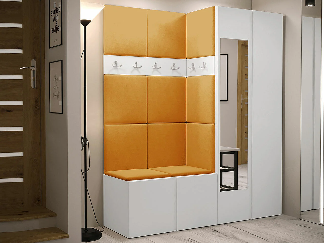 Conjunto pasillo Hartford 278, 186x158x46cm, Espejo, Blanco, Aglomerado laminado|Tapiz