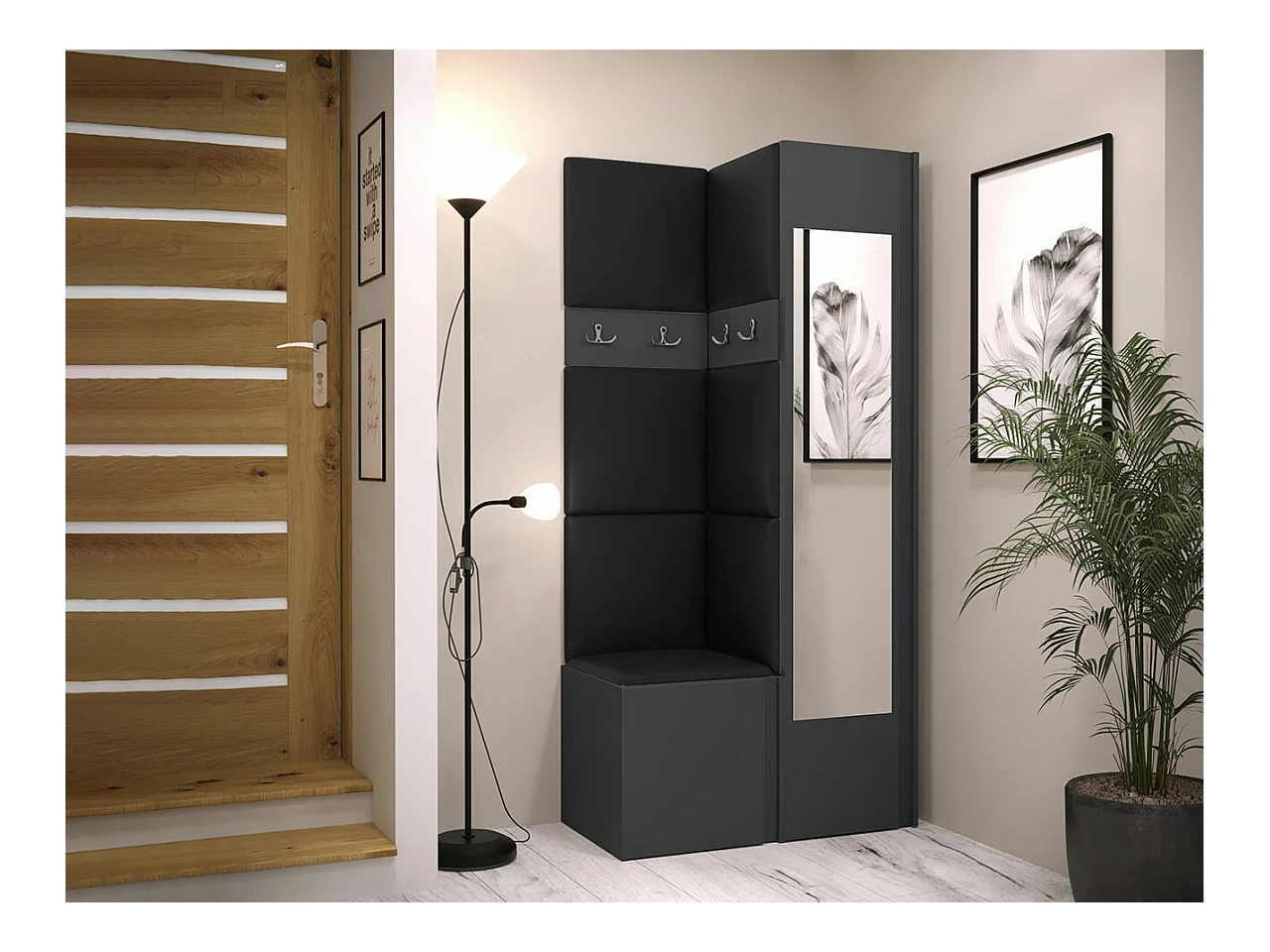 Meuble d'entrée Hartford 354, 186x82x44cm, Miroir, Graphite, Faux cuir|Stratifié