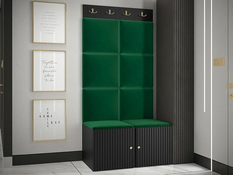 Meuble d'entrée Hartford 383, 186x84x46cm, Noir|Vert, Stratifié|Tapisserie|MDF