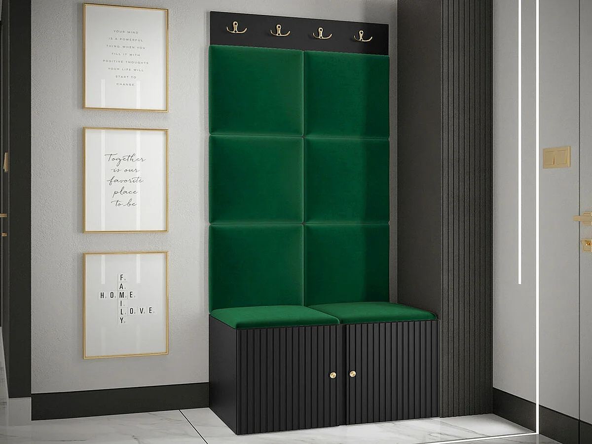 Meuble d'entrée Hartford 383, 186x84x46cm, Noir|Vert, Stratifié|Tissu|MDF, À poser|Murale