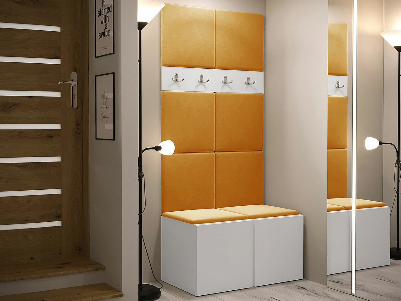 Meuble d'entrée Hartford 267, 186x84x44cm, Blanc, Stratifié|Tissu, Murale|À poser