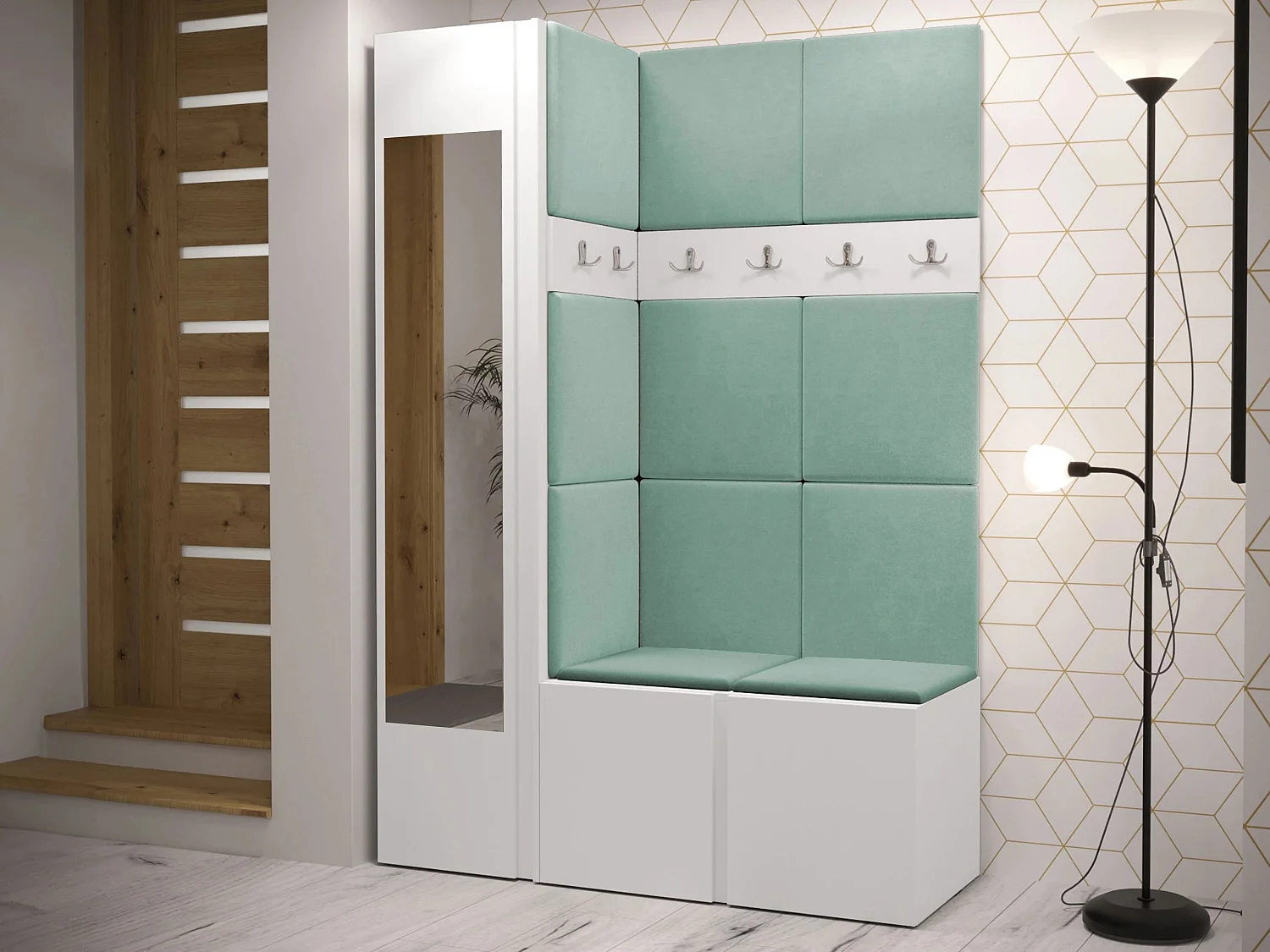 Conjunto pasillo Hartford 277, 186x124x46cm, Espejo, Blanco, Aglomerado laminado|Tapiz