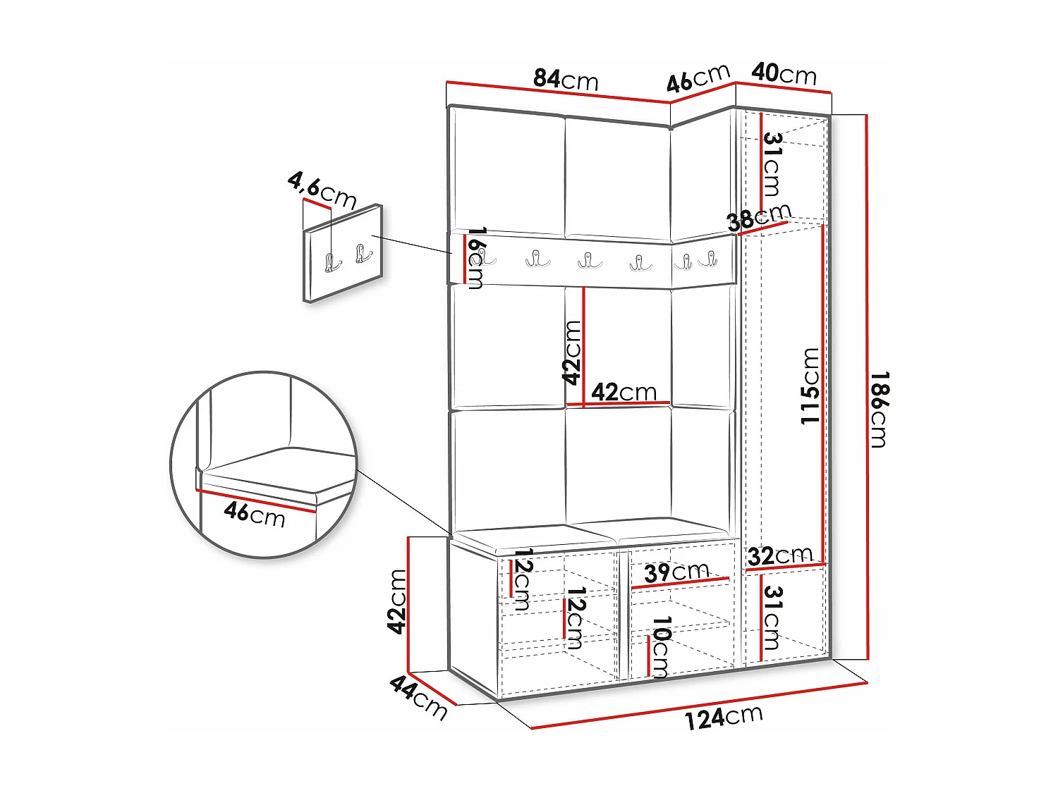 Conjunto pasillo Hartford 277, 186x124x46cm, Espejo, Blanco, Aglomerado laminado|Tapiz