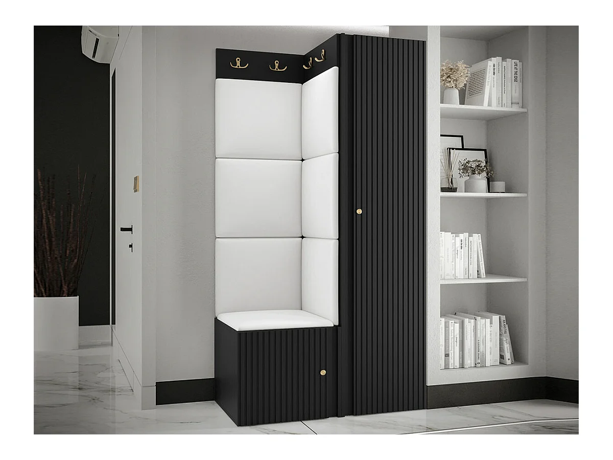 Meuble d'entrée Hartford 390, 186x82x46cm, Blanc|Noir, MDF|Stratifié|Faux cuir