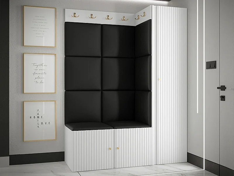 Meuble d'entrée Hartford 385, 186x124x46cm, Noir|Blanc, Stratifié|Faux cuir|MDF