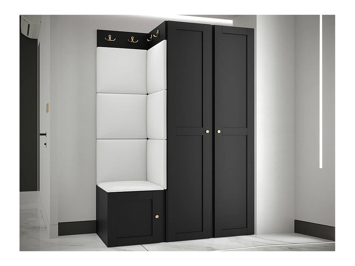 Meuble d'entrée Hartford 379, 186x116x46cm, Blanc|Noir, MDF|Stratifié|Faux cuir
