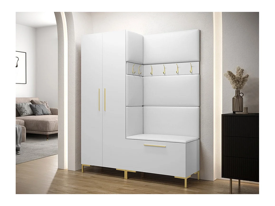 Set mobili da ingresso Hartford F100, 196x158x44cm, Bianco, Eco pelle|Truciolare laminato