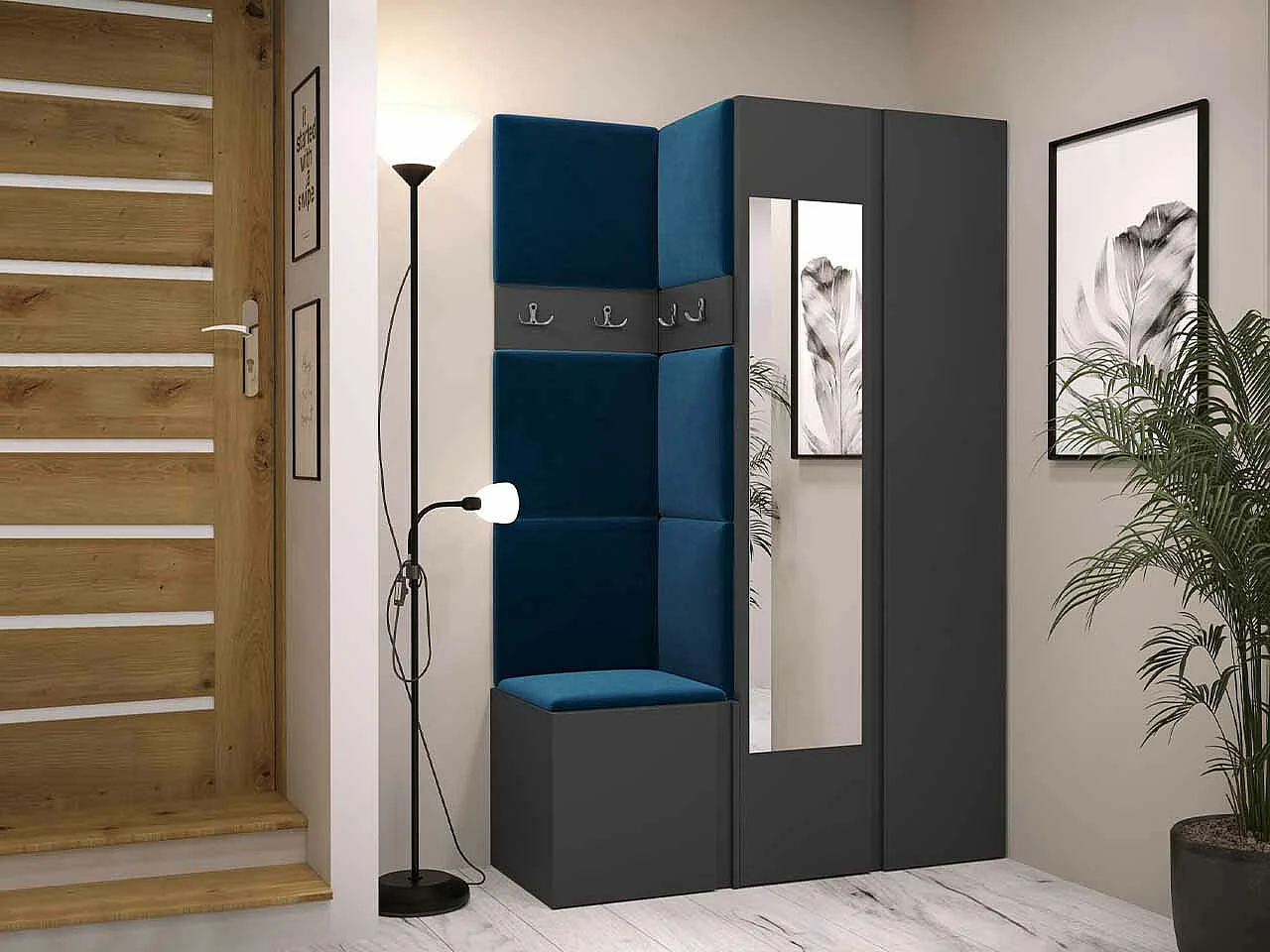 Conjunto pasillo Hartford 350, 186x116x44cm, Espejo, Grafito, Tapiz|Aglomerado laminado