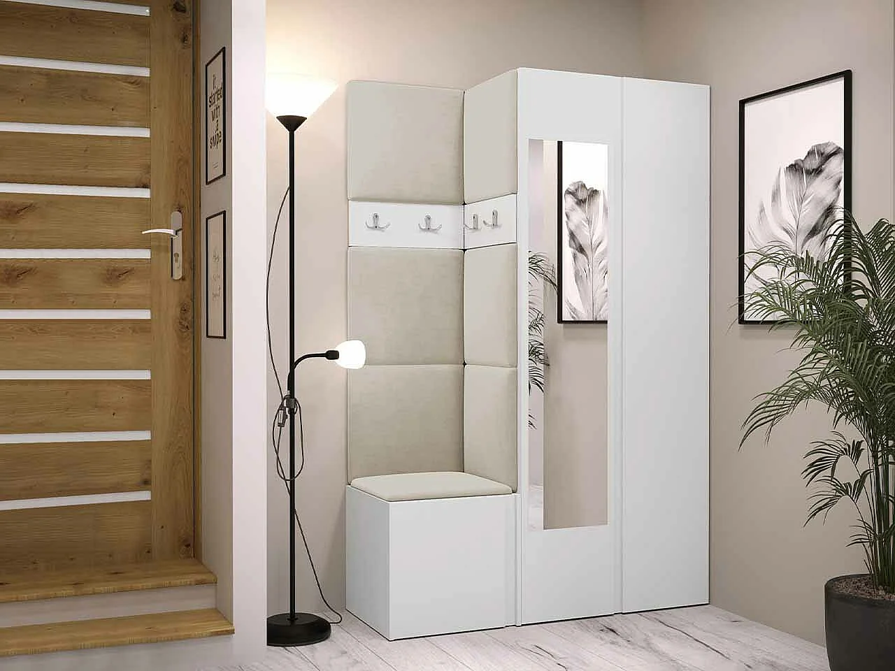 Meuble d'entrée Hartford 350, 186x116x44cm, Disponible, Blanc, Stratifié|Tissu