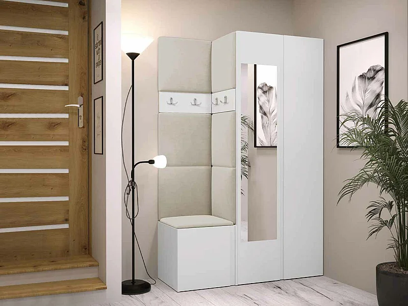 Meuble d'entrée Hartford 350, 186x116x44cm, Disponible, Blanc, Tissu|Stratifié