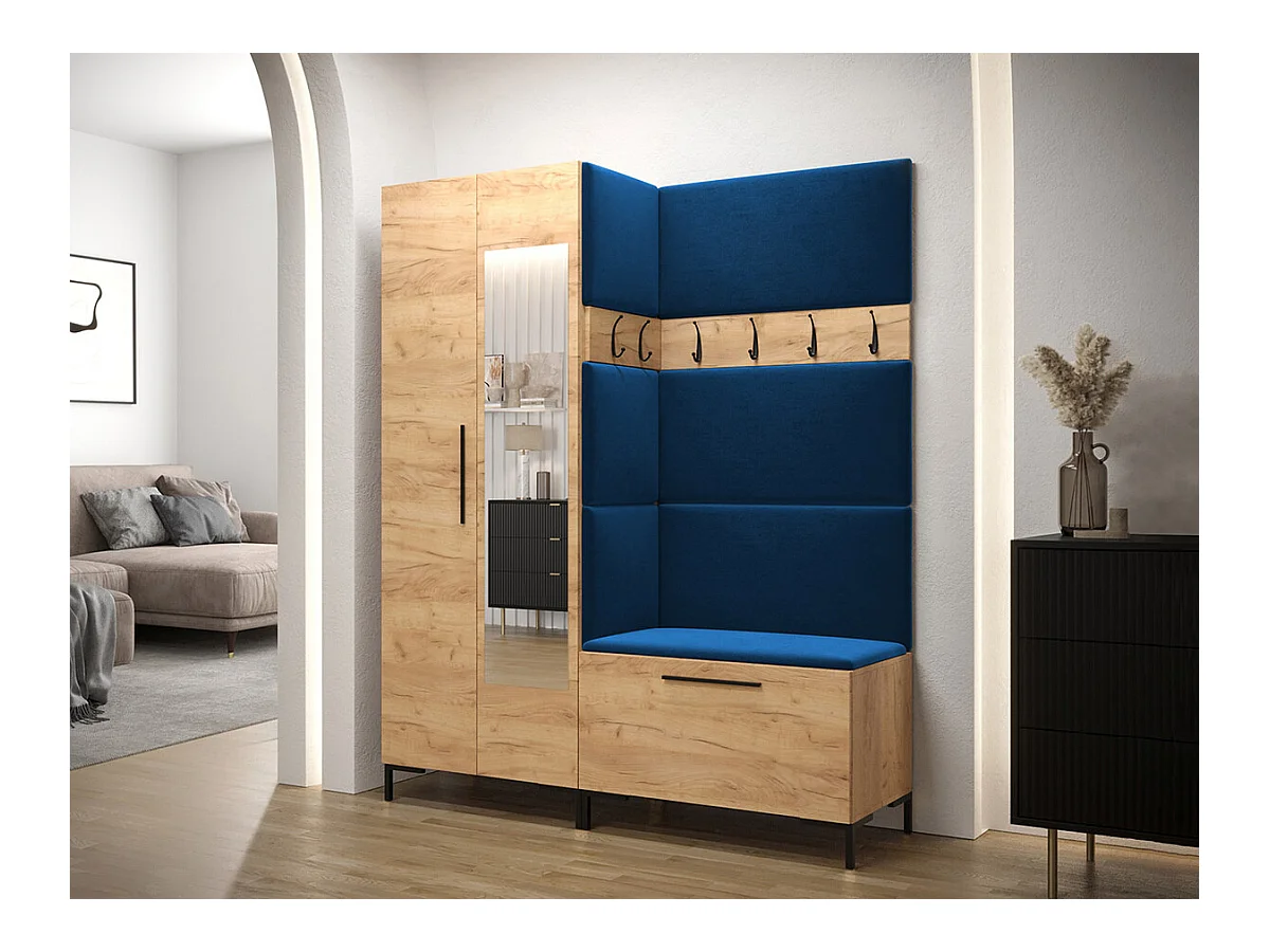 Meuble d'entrée Tivsoa 107, 196x158x46cm, Miroir, Craft chêne, Tapisserie|Stratifié